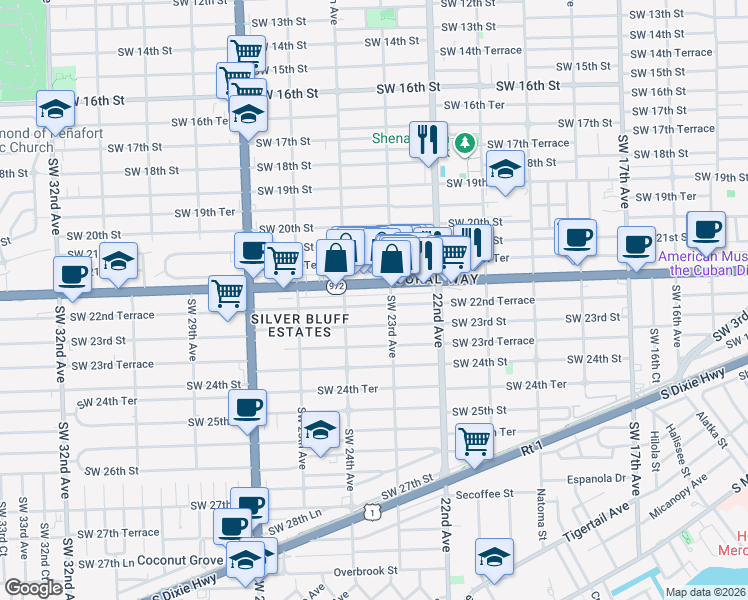 map of restaurants, bars, coffee shops, grocery stores, and more near 2373 Southwest 22nd Street in Miami