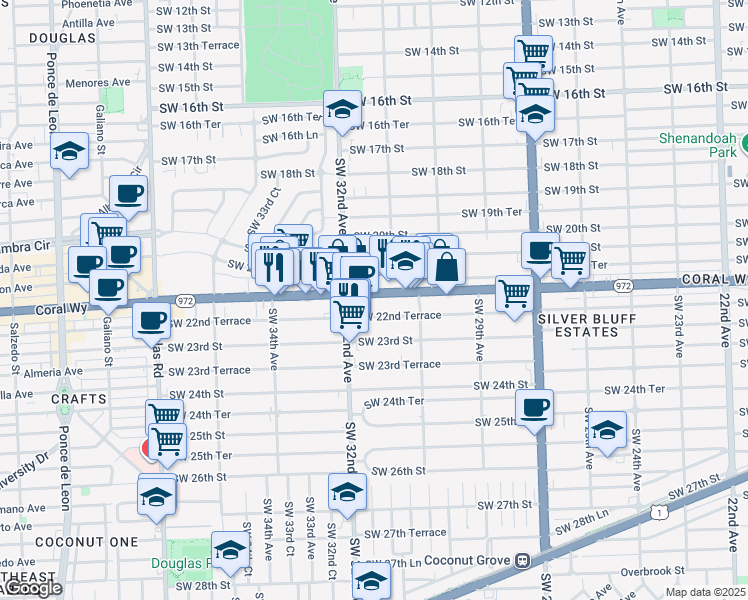 map of restaurants, bars, coffee shops, grocery stores, and more near 109 Southwest 31st Court in Miami