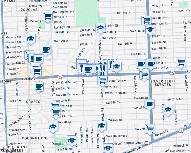 map of restaurants, bars, coffee shops, grocery stores, and more near 3201 Southwest 22nd Street in Coral Gables