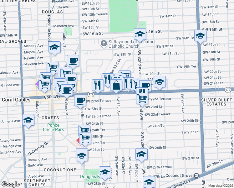 map of restaurants, bars, coffee shops, grocery stores, and more near in Miami