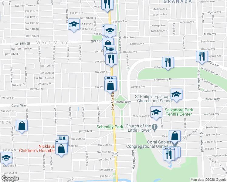 map of restaurants, bars, coffee shops, grocery stores, and more near 2230 Red Road in Miami