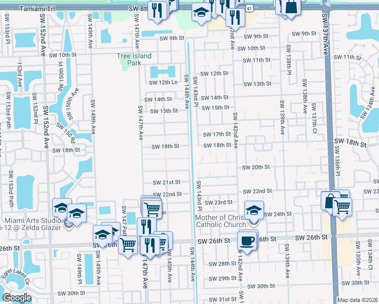 map of restaurants, bars, coffee shops, grocery stores, and more near 1788 Southwest 143rd Place in Miami