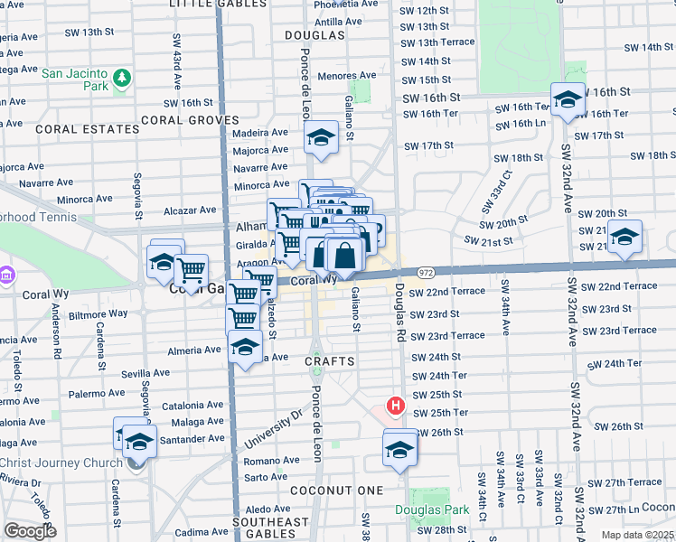 map of restaurants, bars, coffee shops, grocery stores, and more near 126 Aragon Avenue in Coral Gables