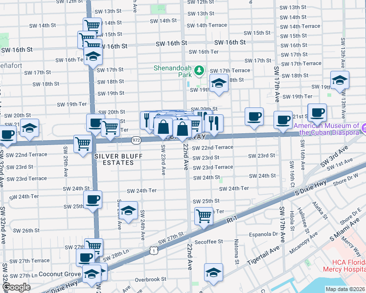 map of restaurants, bars, coffee shops, grocery stores, and more near 2223 Coral Way in Miami