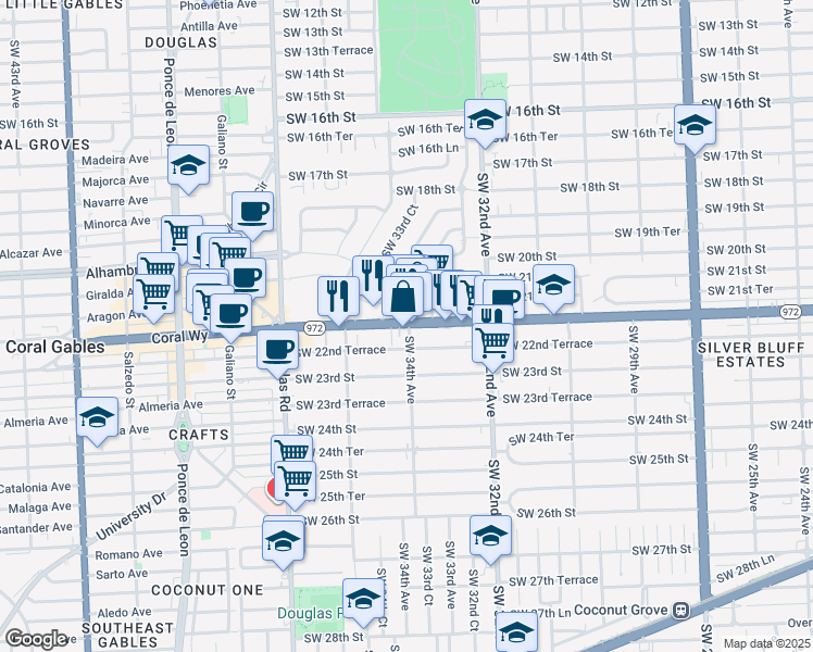 map of restaurants, bars, coffee shops, grocery stores, and more near 3400 Southwest 22nd Street in Miami