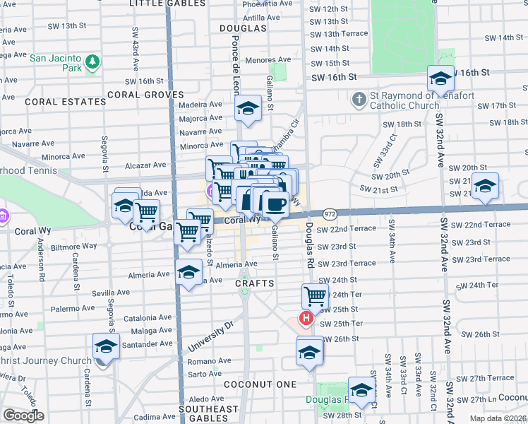 map of restaurants, bars, coffee shops, grocery stores, and more near 126 Aragon Avenue in Coral Gables