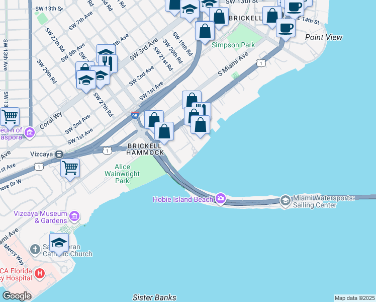 map of restaurants, bars, coffee shops, grocery stores, and more near 2451 Brickell Avenue in Miami