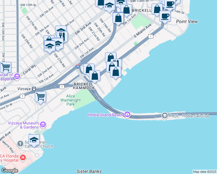 map of restaurants, bars, coffee shops, grocery stores, and more near 2451 Brickell Avenue in Miami