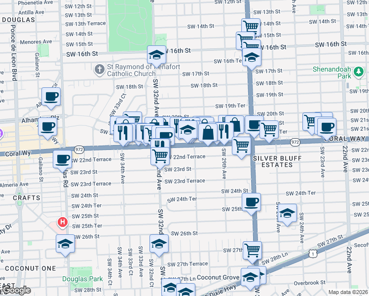 map of restaurants, bars, coffee shops, grocery stores, and more near 2160 Southwest 31st Avenue in Miami