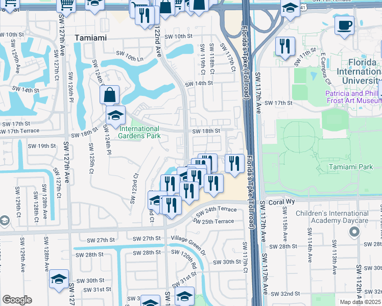 map of restaurants, bars, coffee shops, grocery stores, and more near 269 Southwest 122nd Avenue in Miami