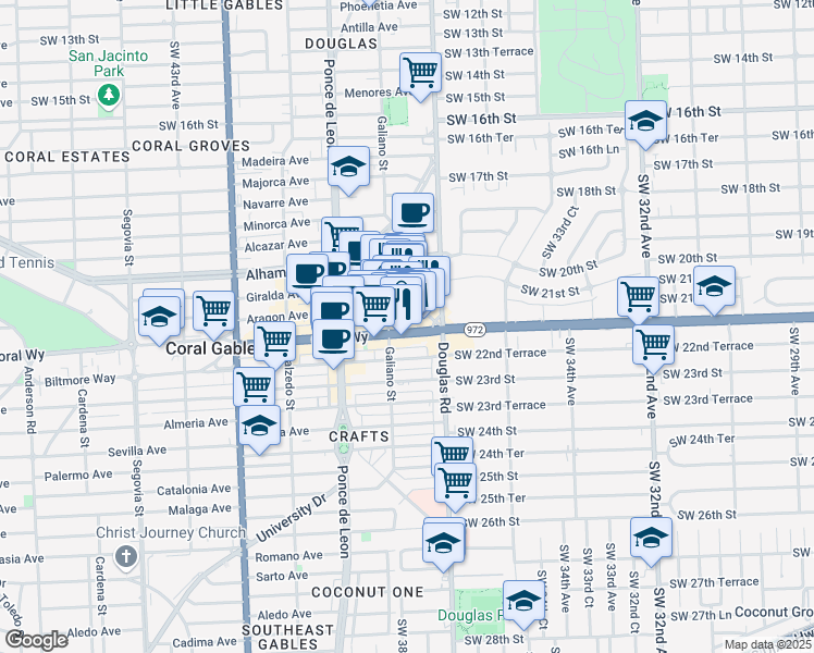 map of restaurants, bars, coffee shops, grocery stores, and more near in Coral Gables