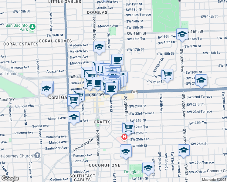 map of restaurants, bars, coffee shops, grocery stores, and more near in Coral Gables