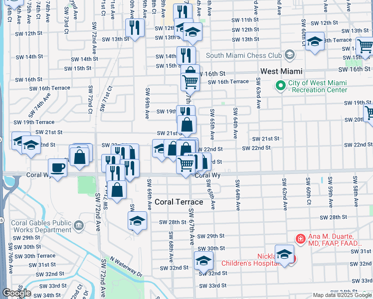 map of restaurants, bars, coffee shops, grocery stores, and more near 2138 Southwest 67th Avenue in Miami
