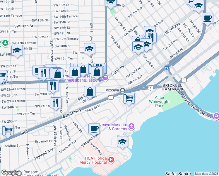 map of restaurants, bars, coffee shops, grocery stores, and more near 1181 Southwest 22nd Terrace in Miami