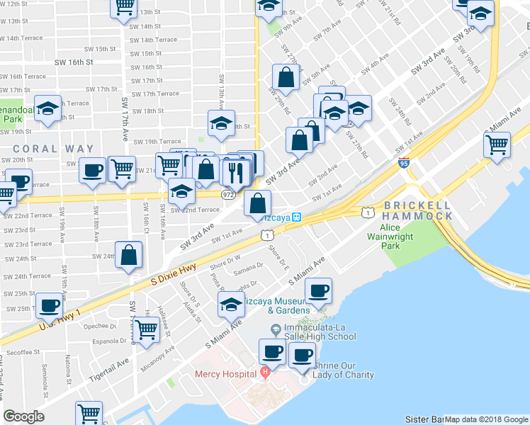 map of restaurants, bars, coffee shops, grocery stores, and more near 1181 Southwest 22nd Terrace in Miami