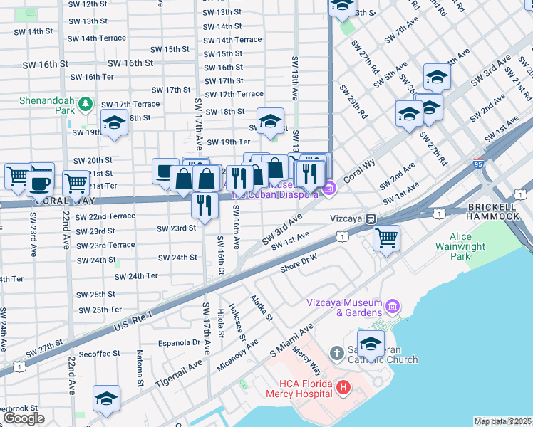 map of restaurants, bars, coffee shops, grocery stores, and more near 2218 Southwest 14th Avenue in Miami