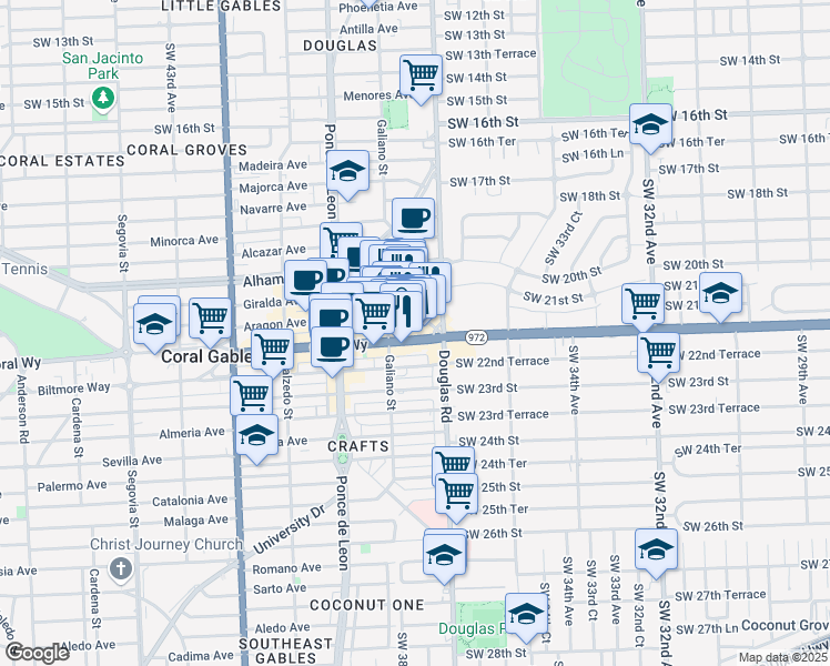 map of restaurants, bars, coffee shops, grocery stores, and more near in Coral Gables