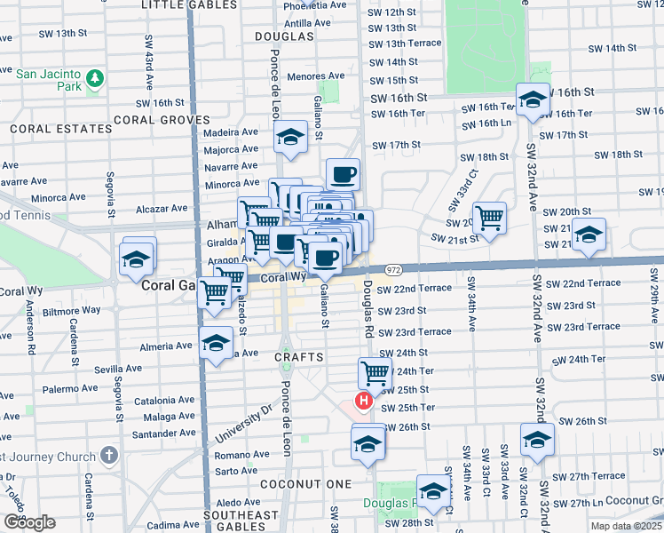 map of restaurants, bars, coffee shops, grocery stores, and more near in Coral Gables