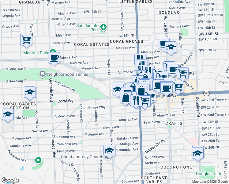 map of restaurants, bars, coffee shops, grocery stores, and more near 537 Aragon Avenue in Coral Gables