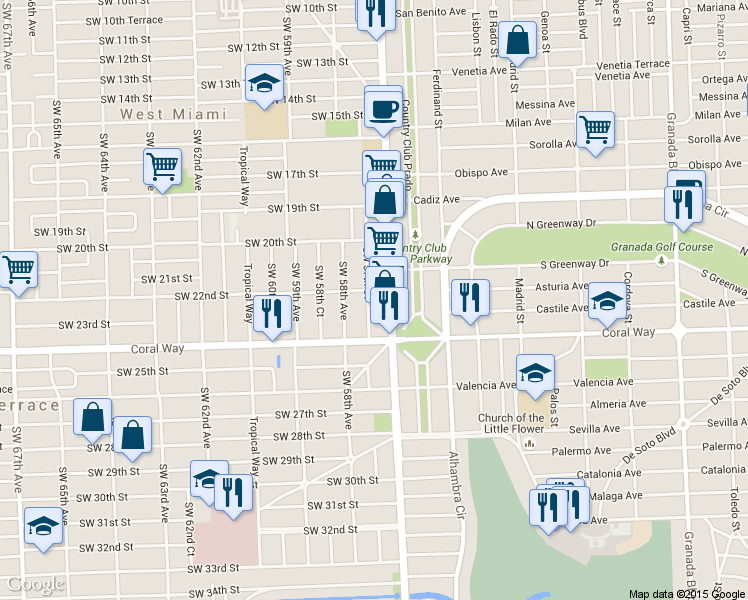 map of restaurants, bars, coffee shops, grocery stores, and more near 2230 Red Road in Miami
