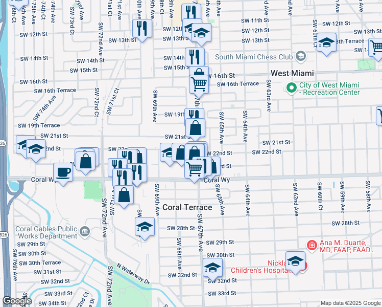 map of restaurants, bars, coffee shops, grocery stores, and more near 2138 Southwest 67th Avenue in Miami