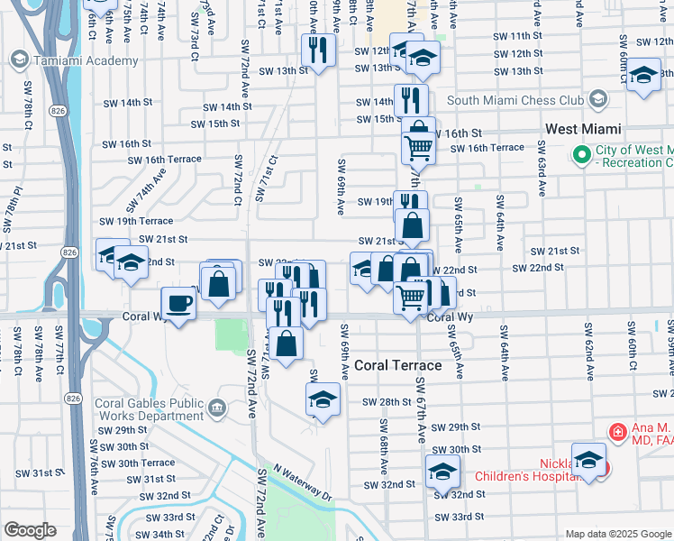 map of restaurants, bars, coffee shops, grocery stores, and more near 6901 Southwest 22nd Street in Miami