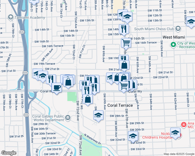 map of restaurants, bars, coffee shops, grocery stores, and more near 7033 Southwest 22nd Street in Miami