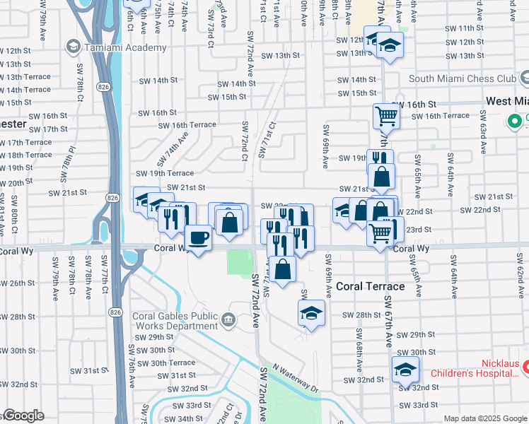 map of restaurants, bars, coffee shops, grocery stores, and more near 7197 Southwest 22nd Street in Miami