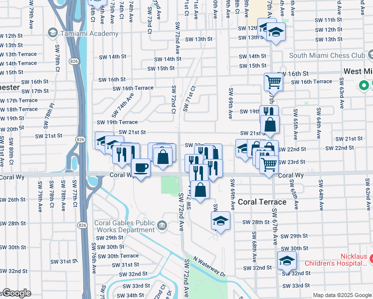map of restaurants, bars, coffee shops, grocery stores, and more near 7197 Southwest 22nd Street in Miami