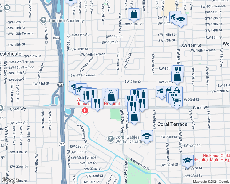 map of restaurants, bars, coffee shops, grocery stores, and more near 7267 Southwest 22nd Street in Miami