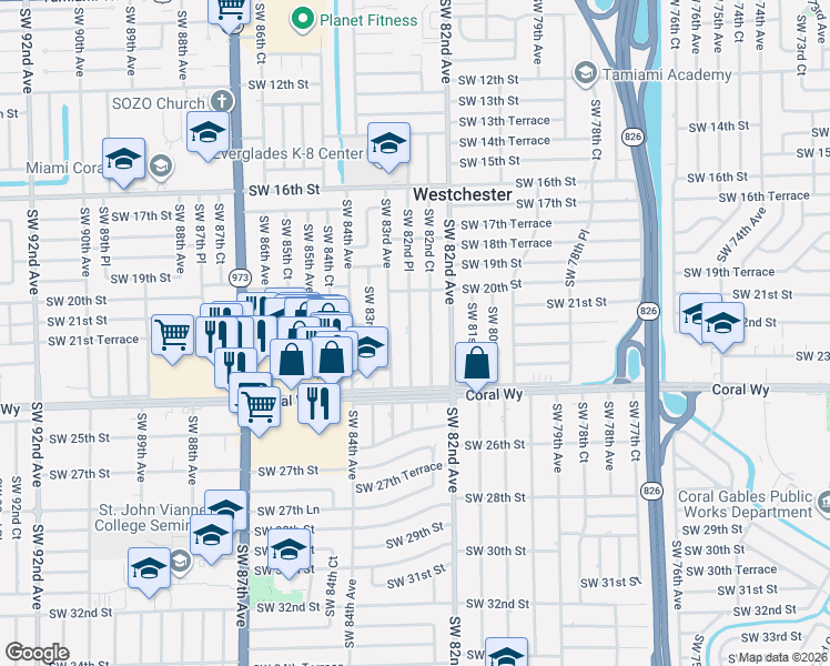 map of restaurants, bars, coffee shops, grocery stores, and more near 2100 Southwest 82nd Place in Miami