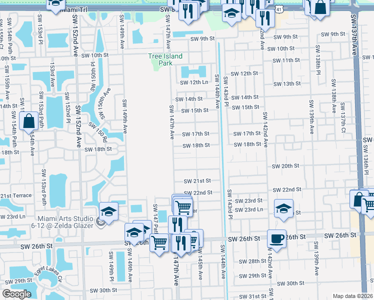 map of restaurants, bars, coffee shops, grocery stores, and more near 14601 Southwest 18th Street in Miami