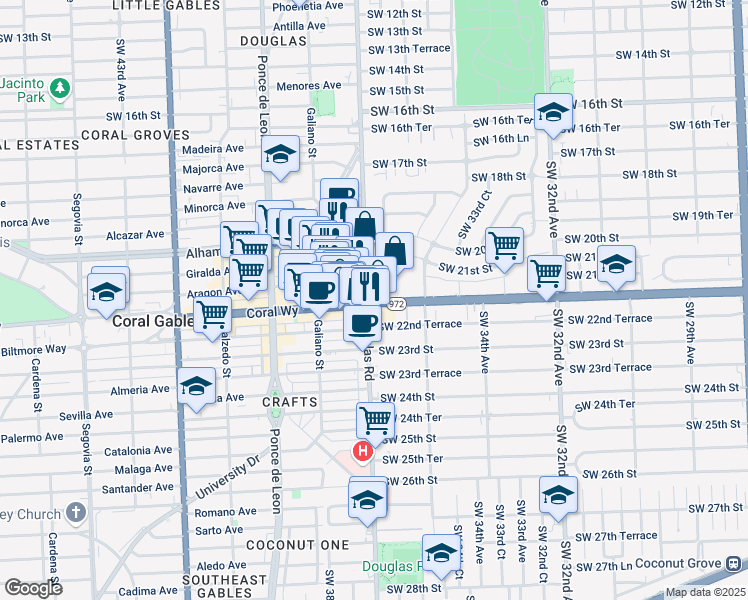 map of restaurants, bars, coffee shops, grocery stores, and more near 5209 Southwest 22nd Street in Miami
