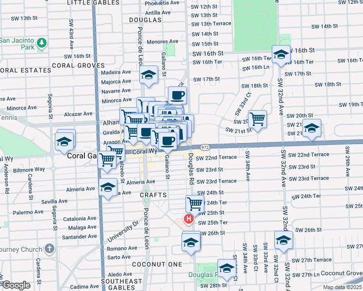 map of restaurants, bars, coffee shops, grocery stores, and more near 6 Aragon Avenue in Coral Gables