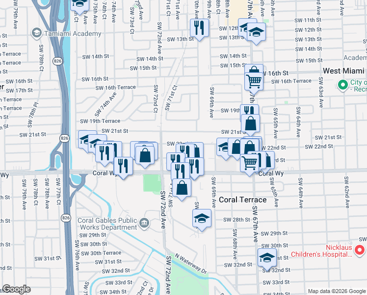 map of restaurants, bars, coffee shops, grocery stores, and more near 7121 Southwest 22nd Street in Miami