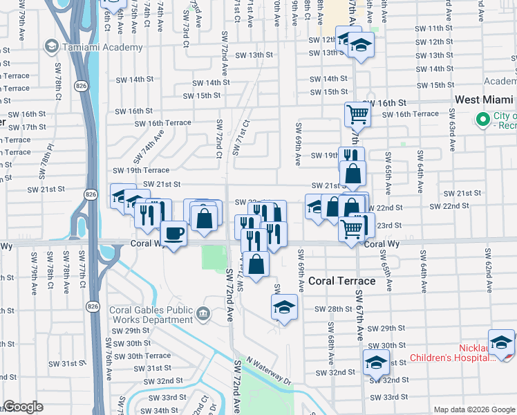 map of restaurants, bars, coffee shops, grocery stores, and more near 7121 Southwest 22nd Street in Miami