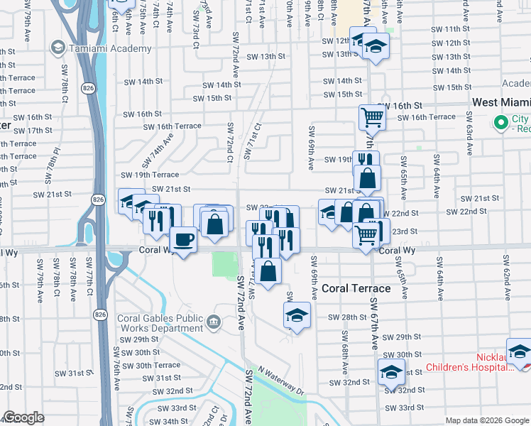map of restaurants, bars, coffee shops, grocery stores, and more near 7121 Southwest 22nd Street in Miami