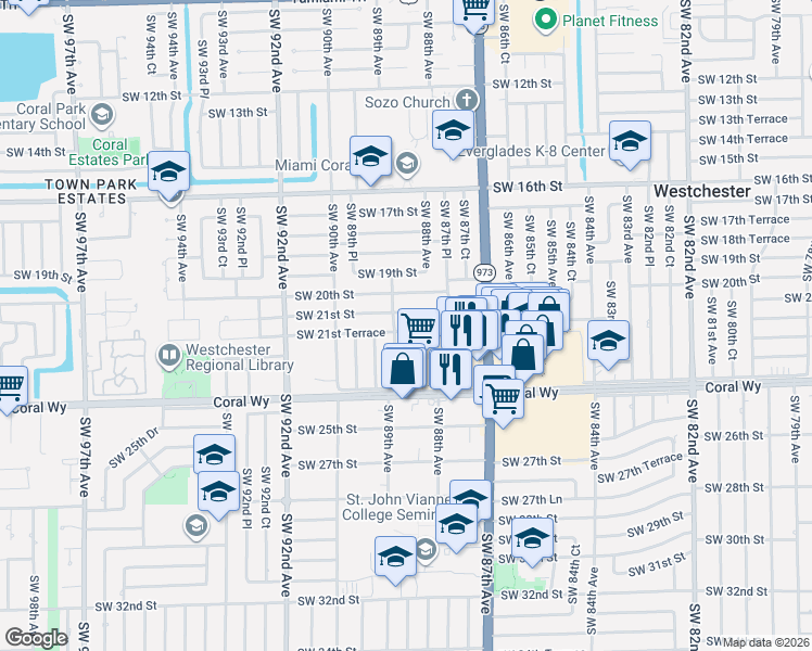 map of restaurants, bars, coffee shops, grocery stores, and more near 8820 Southwest 21st Street in Miami