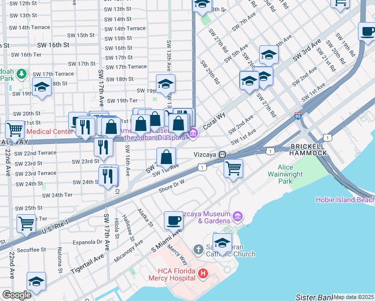 map of restaurants, bars, coffee shops, grocery stores, and more near 3390 Southwest 3rd Avenue in Miami