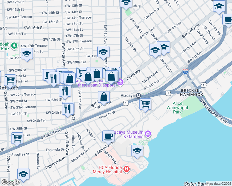 map of restaurants, bars, coffee shops, grocery stores, and more near 3390 Southwest 3rd Avenue in Miami
