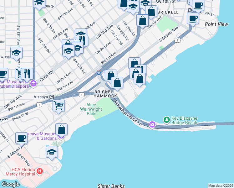 map of restaurants, bars, coffee shops, grocery stores, and more near 2500 Brickell Avenue in Miami