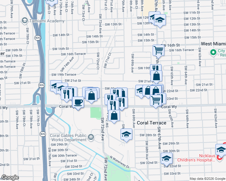 map of restaurants, bars, coffee shops, grocery stores, and more near 7121 Southwest 22nd Street in Miami