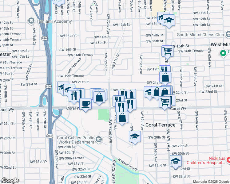 map of restaurants, bars, coffee shops, grocery stores, and more near 7197 Southwest 22nd Street in Miami