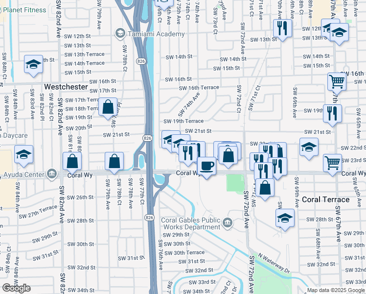 map of restaurants, bars, coffee shops, grocery stores, and more near 2150 Southwest 75th Avenue in Miami