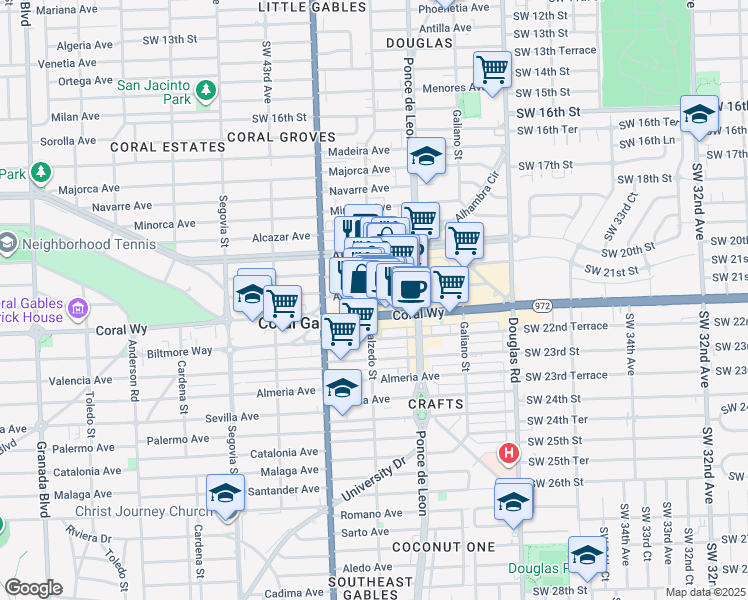 map of restaurants, bars, coffee shops, grocery stores, and more near 281 Miracle Mile in Coral Gables