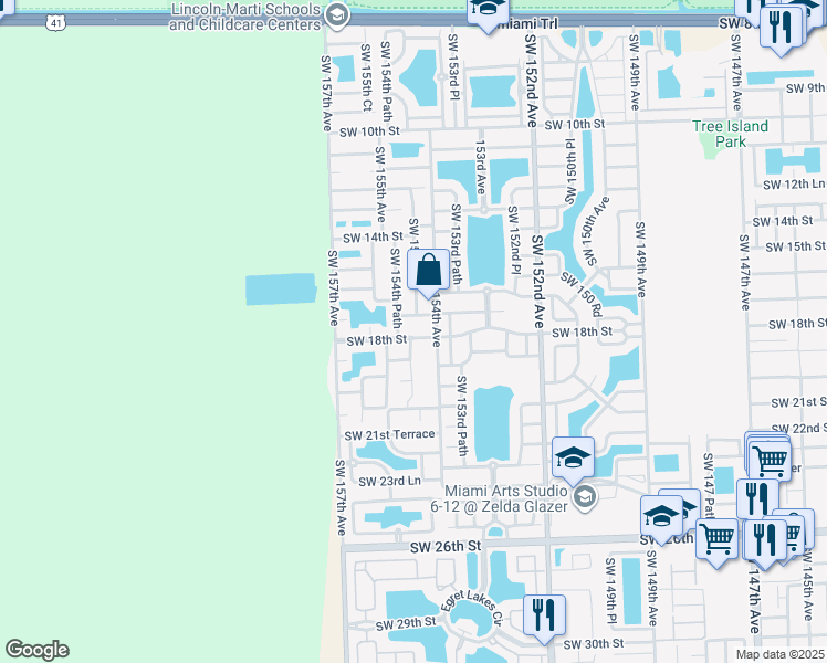 map of restaurants, bars, coffee shops, grocery stores, and more near 15449 Southwest 18th Street in Miami