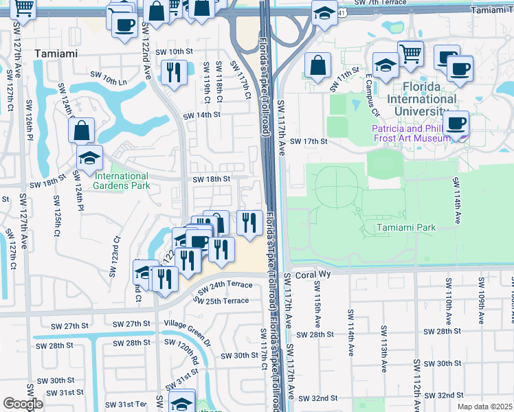 map of restaurants, bars, coffee shops, grocery stores, and more near 11750 Southwest 18th Street in Miami