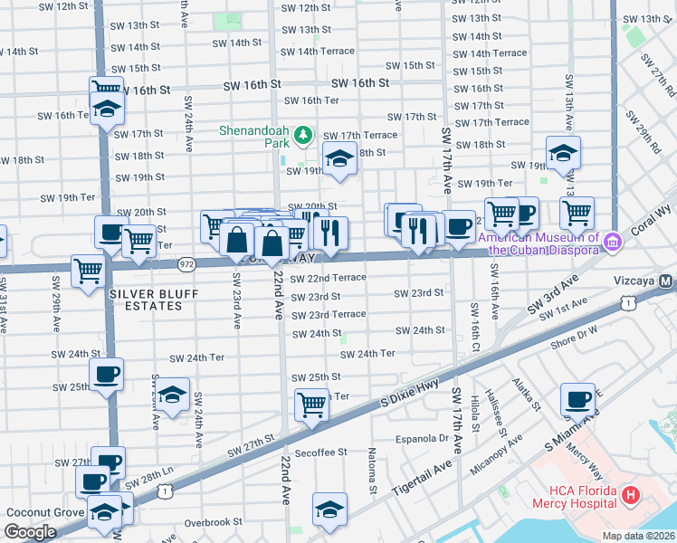 map of restaurants, bars, coffee shops, grocery stores, and more near 2050 Coral Way in Miami