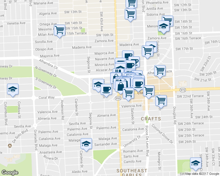 map of restaurants, bars, coffee shops, grocery stores, and more near 419 Aragon Avenue in Coral Gables
