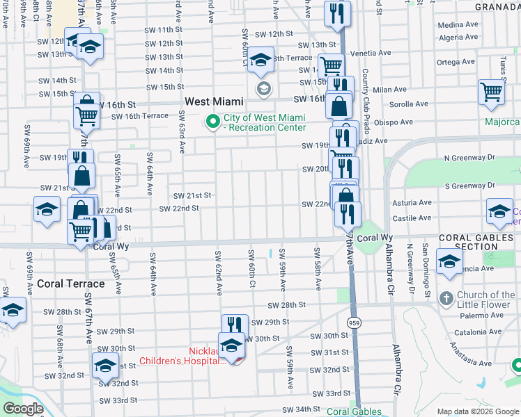 map of restaurants, bars, coffee shops, grocery stores, and more near 2160 Southwest 60th Court in Miami